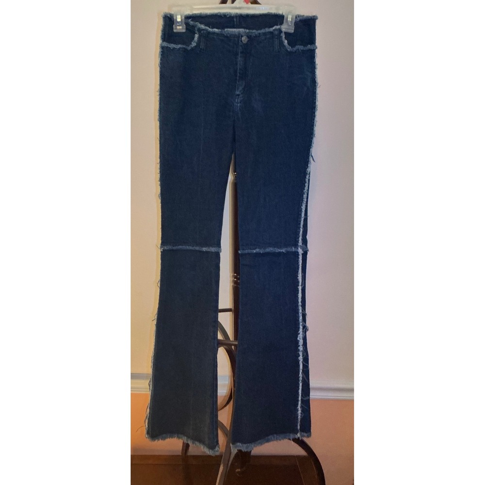 Gasoline Y2K Dark Wash Frayed Fringe Flare Jeans Size 7 Raw Hem Distressed‎ Edgy